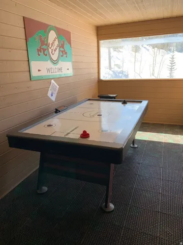 Recreation space featuring an air hockey table, horizontal wood paneling, and a large picture window
