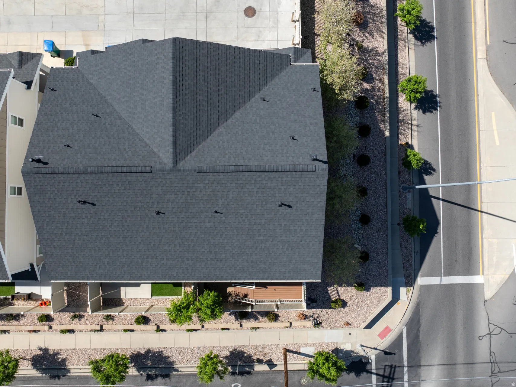 Gable roofline with dark gray shingles