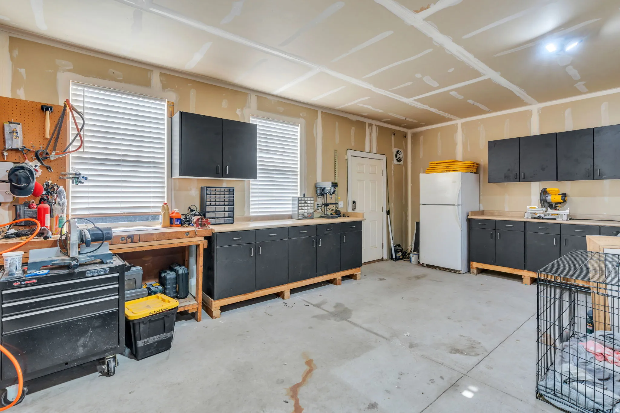 Garage with a workshop area