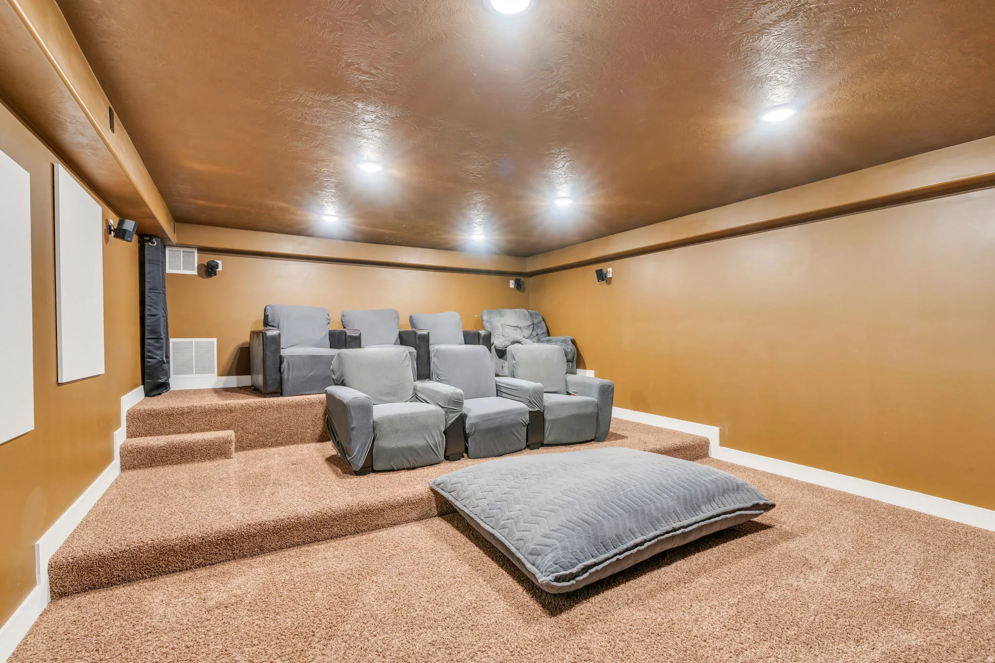 Home theater room with carpet and a textured ceiling