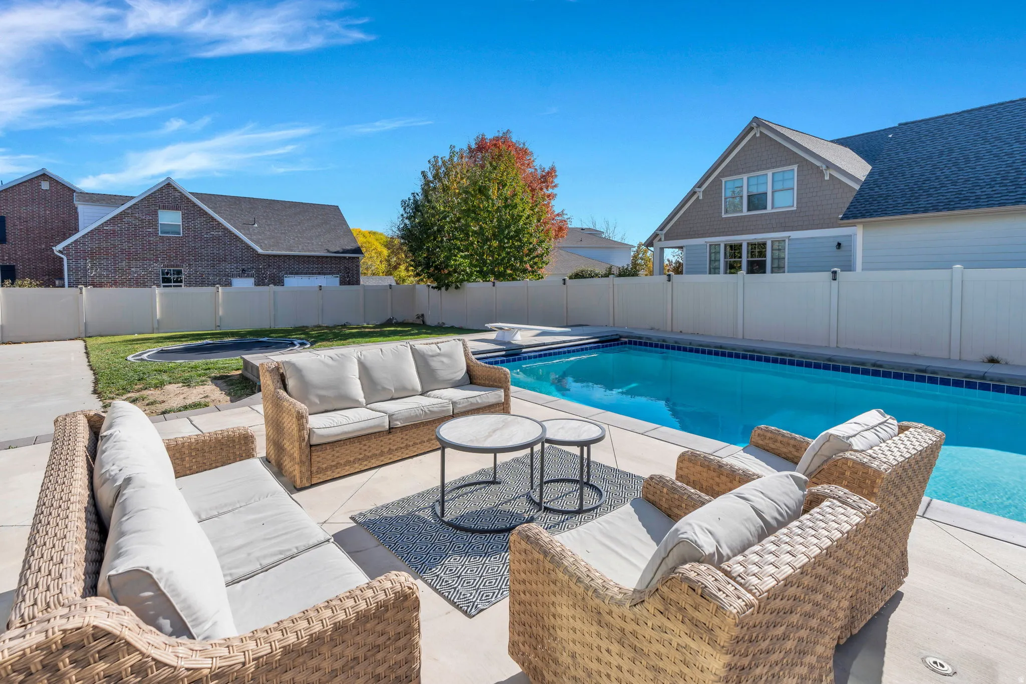 View of pool featuring outdoor seating, a fenced backyard, patio surround