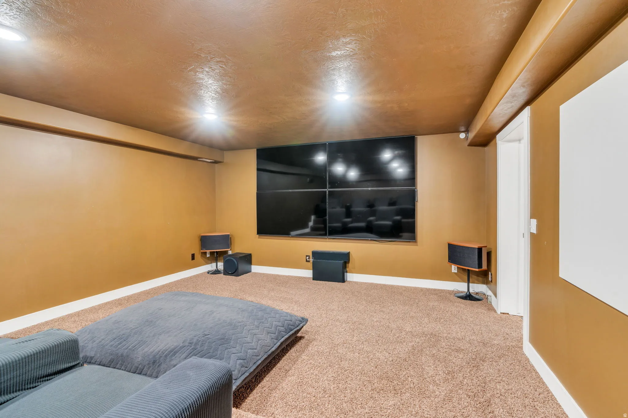 Cinema with carpet flooring and baseboards