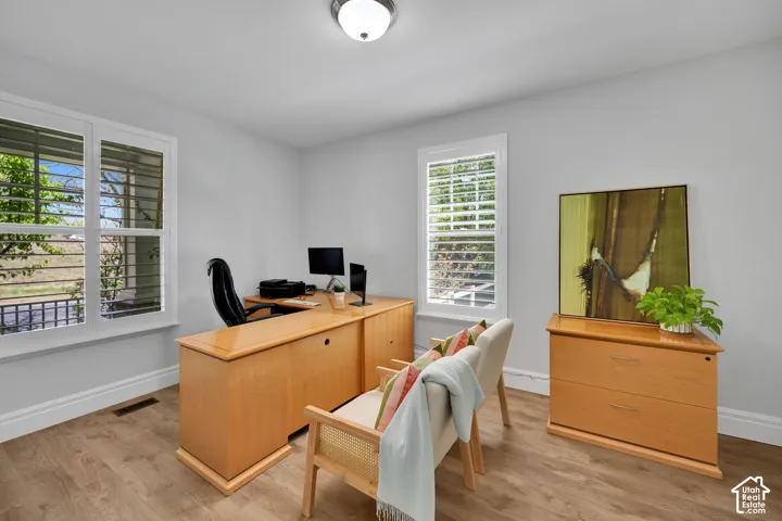 Wood-finish flooring, white plantation shutters, white trim, and a semi-flush mount ceiling light