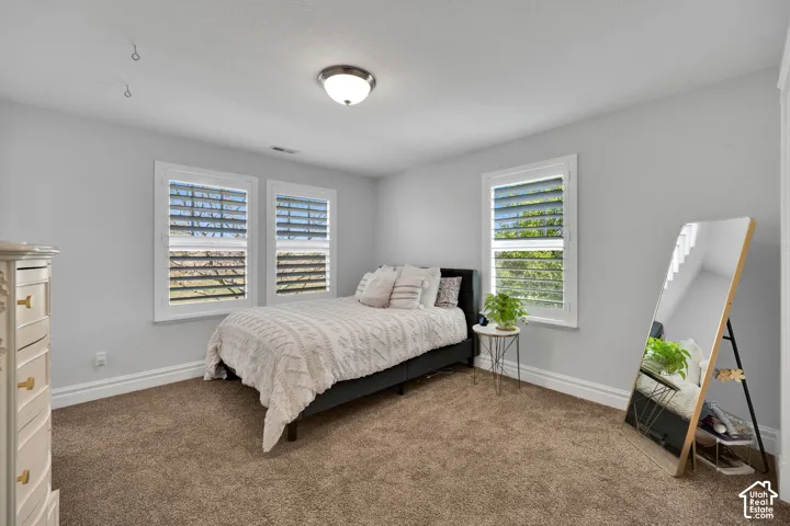 Carpeted flooring, two windows with white shutters, and a ceiling-mounted light fixture