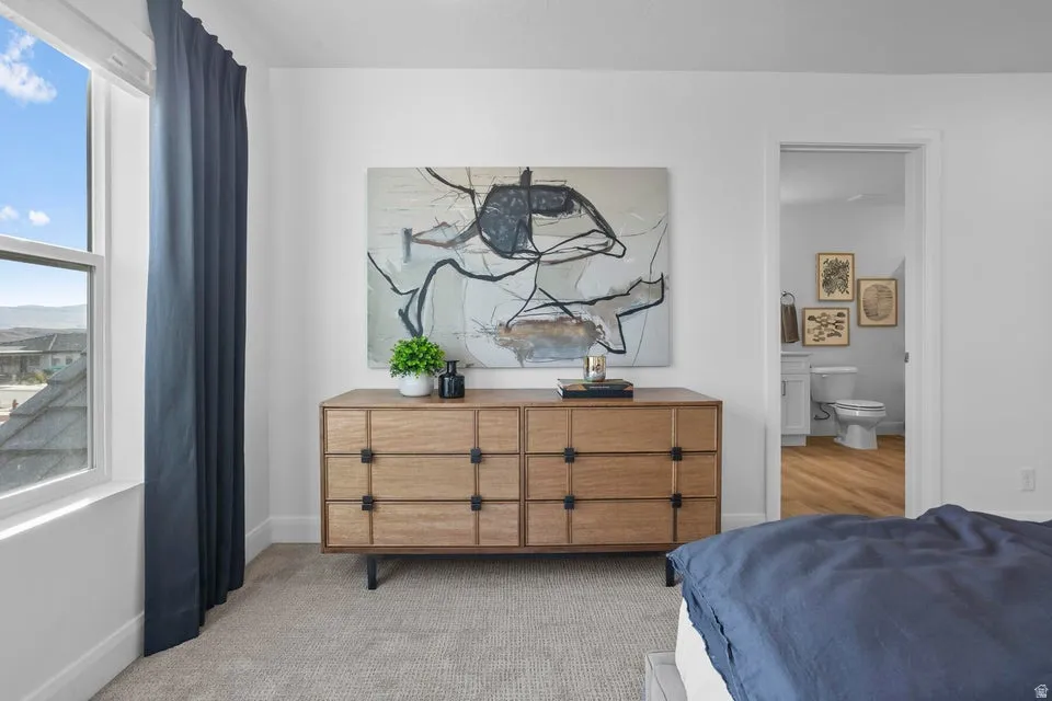 Plush carpeting and a large window with privacy drapery