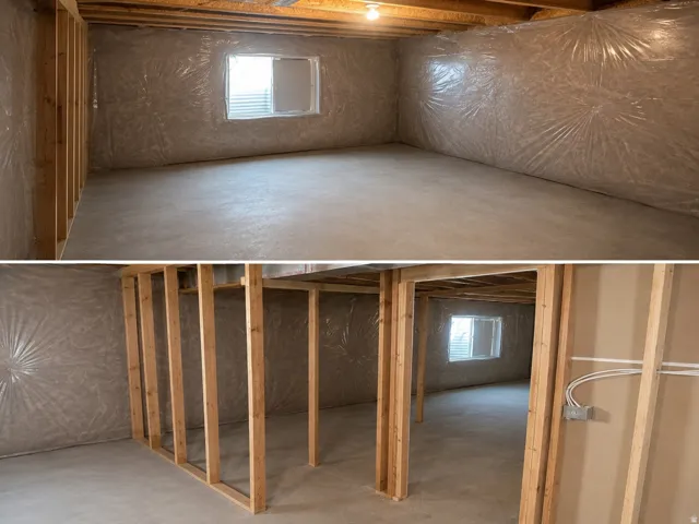 Unfinished basement offering expansive concrete flooring, exposed wood framing, and a visible window for natural light