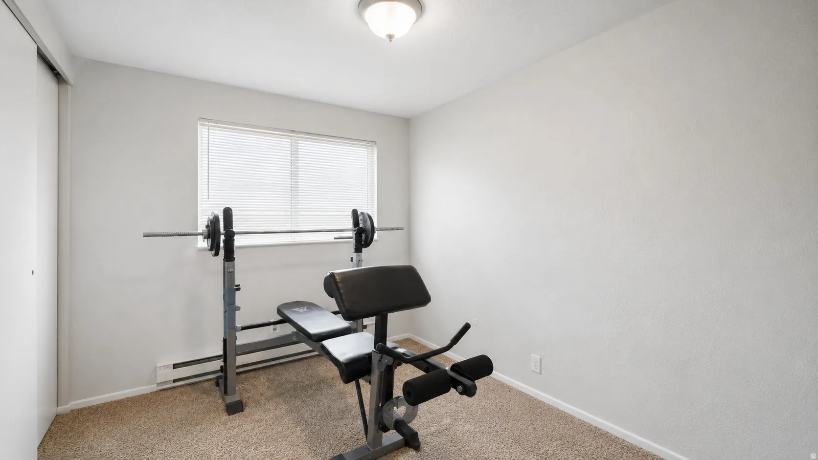 Room featuring neutral carpeting, light-colored walls, a single window with horizontal blinds, and a flush-mount ceiling light