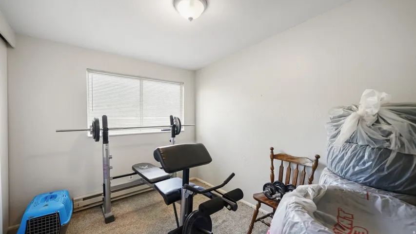 Spacious room featuring light-colored walls and soft carpet flooring