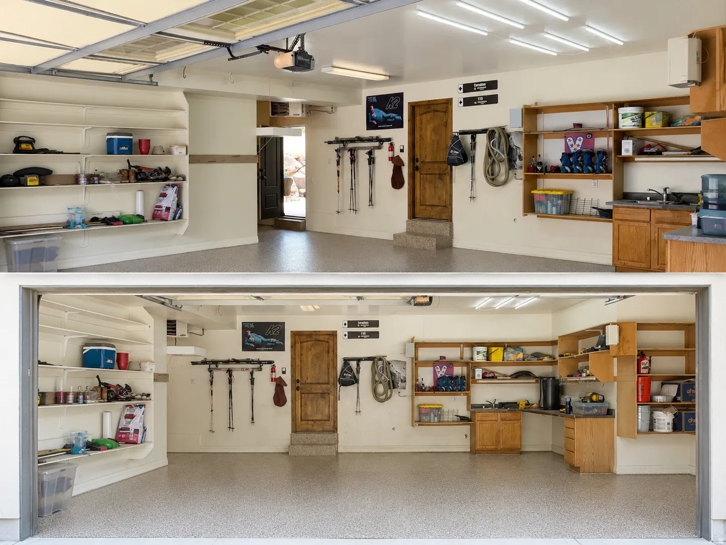 Spacious garage featuring a new, durable epoxy floor, comprehensive wall shelving, a built-in workbench.