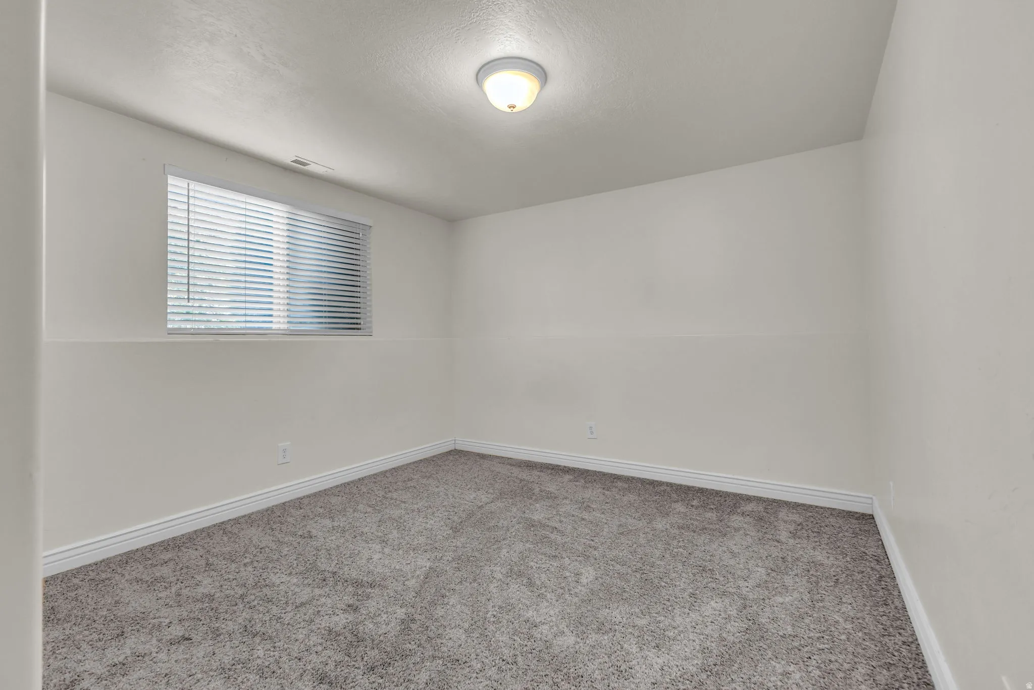 Neutral-toned walls complement the gray carpeting