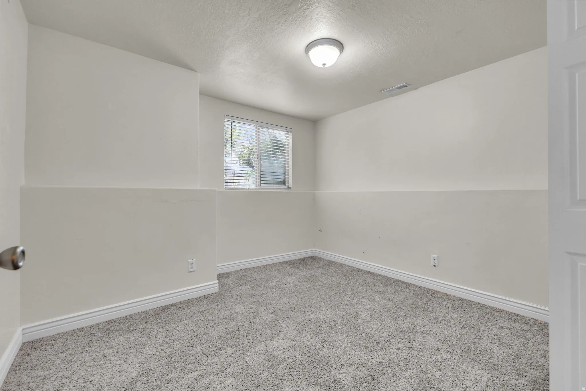 Carpeted room featuring a window with blinds, white trim, and a flush-mount ceiling light fixture