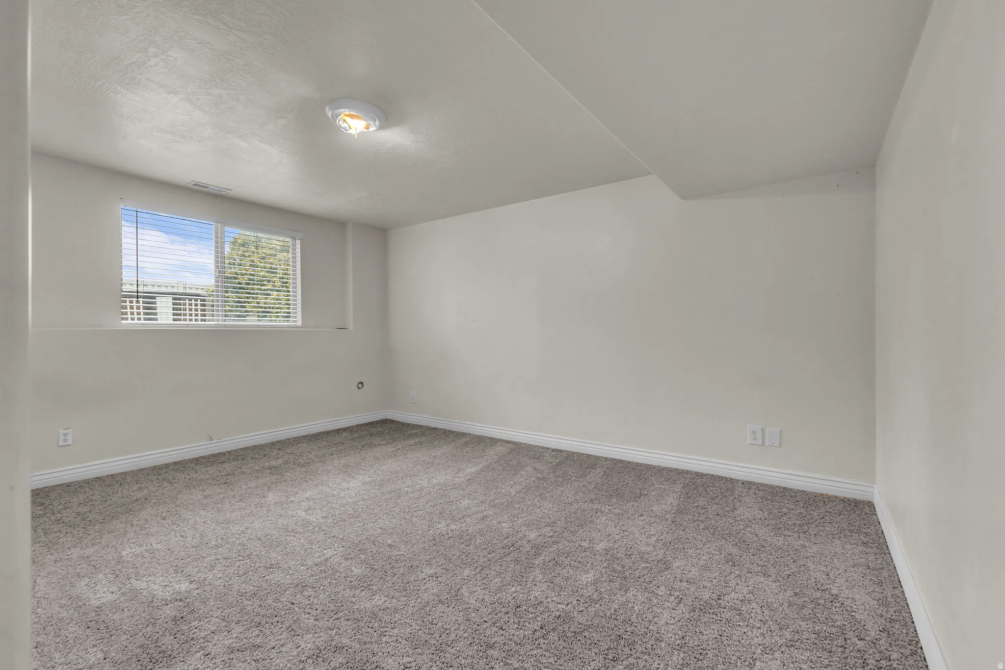 Carpeted room featuring a window with blinds, white trim, and light-colored walls