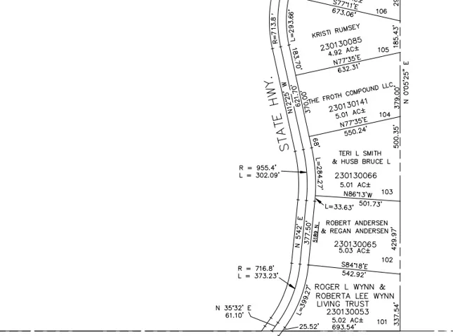Survey Plat. Detailing individual property parcels with dimensions and owner names