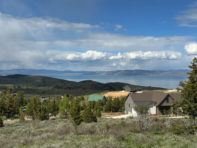 Expansive landscape featuring a large body of water, distant mountains, and scattered residential properties
