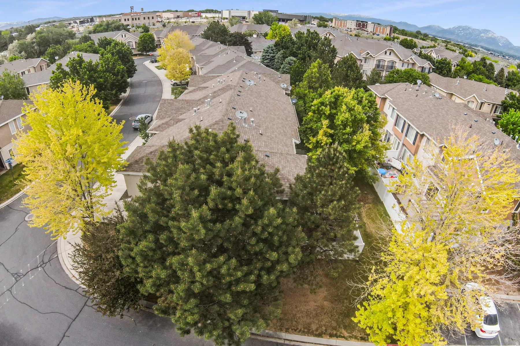 Aerial view showcasing a residential community with varied architectural styles