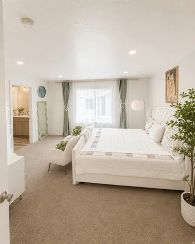 Spacious bedroom featuring recessed lighting, a large window with sheer and solid curtains, and plush carpeting
