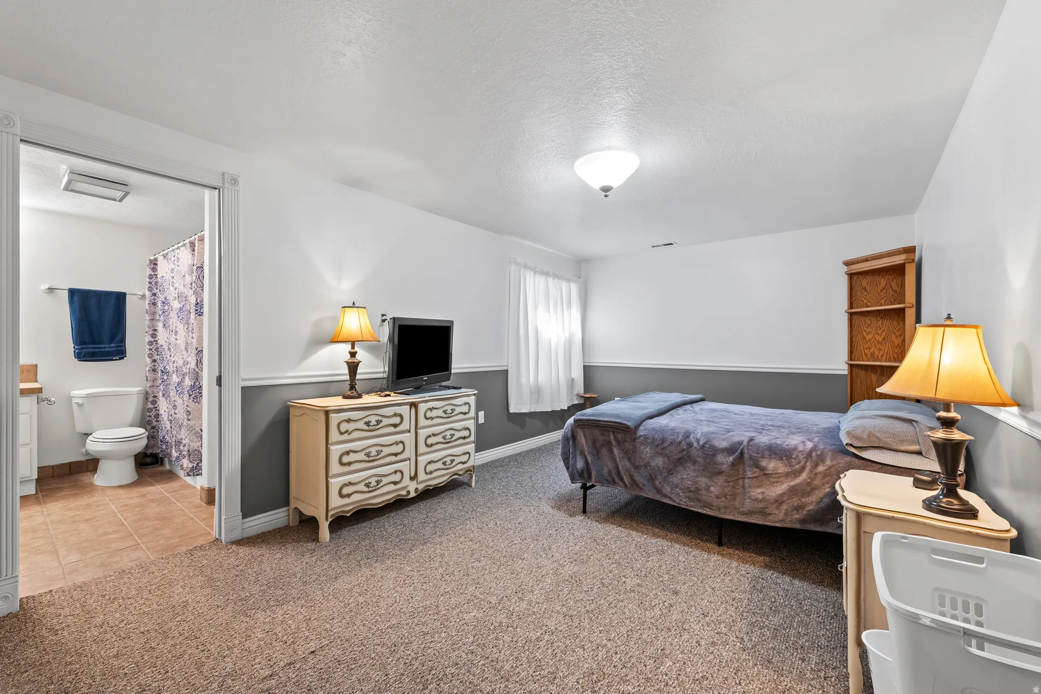 Carpeted room featuring a white and gray two-tone wall design, a ceiling-mounted light fixture, and a window with white blinds