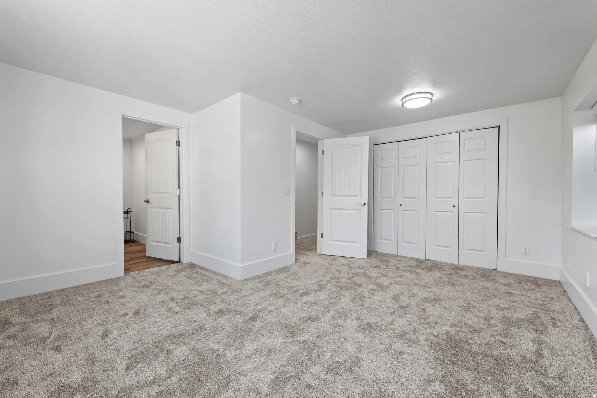 Carpeted room featuring white walls, white trim, and a white ceiling