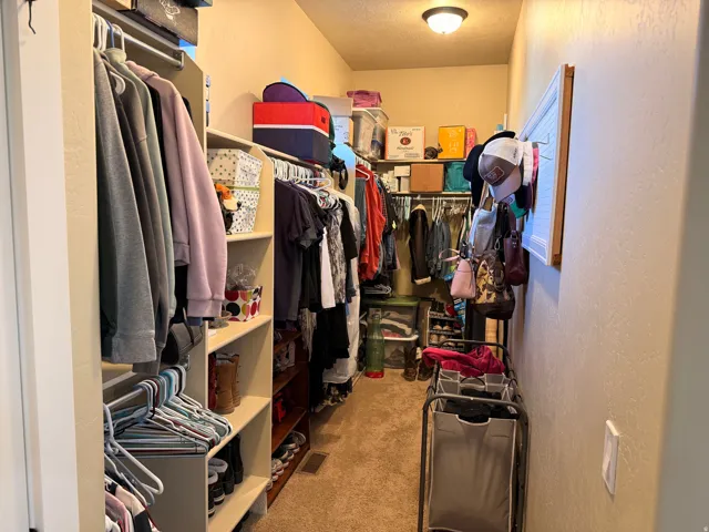 Walk-in master closet featuring carpet flooring and recessed lighting