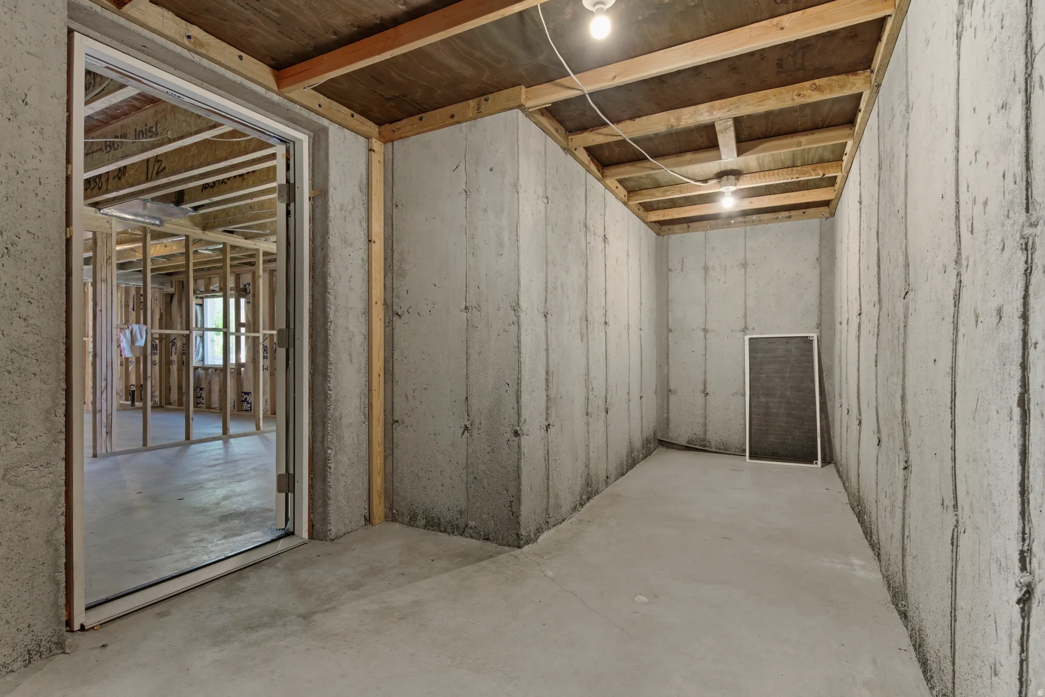 Unfinished basement featuring concrete walls, concrete flooring, and exposed ceiling joists