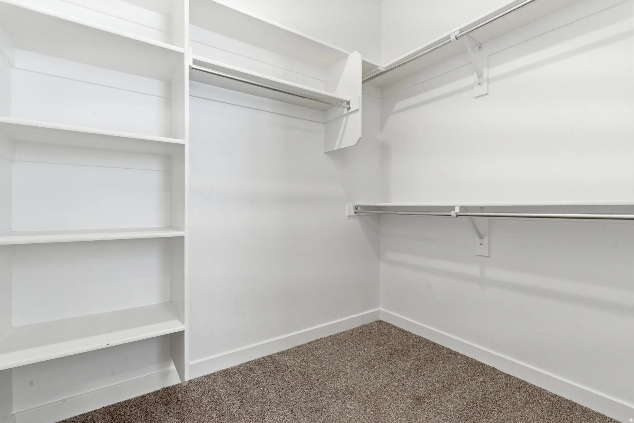 Bright, spacious closet featuring built-in shelving, two levels of hanging rods, and neutral carpet flooring