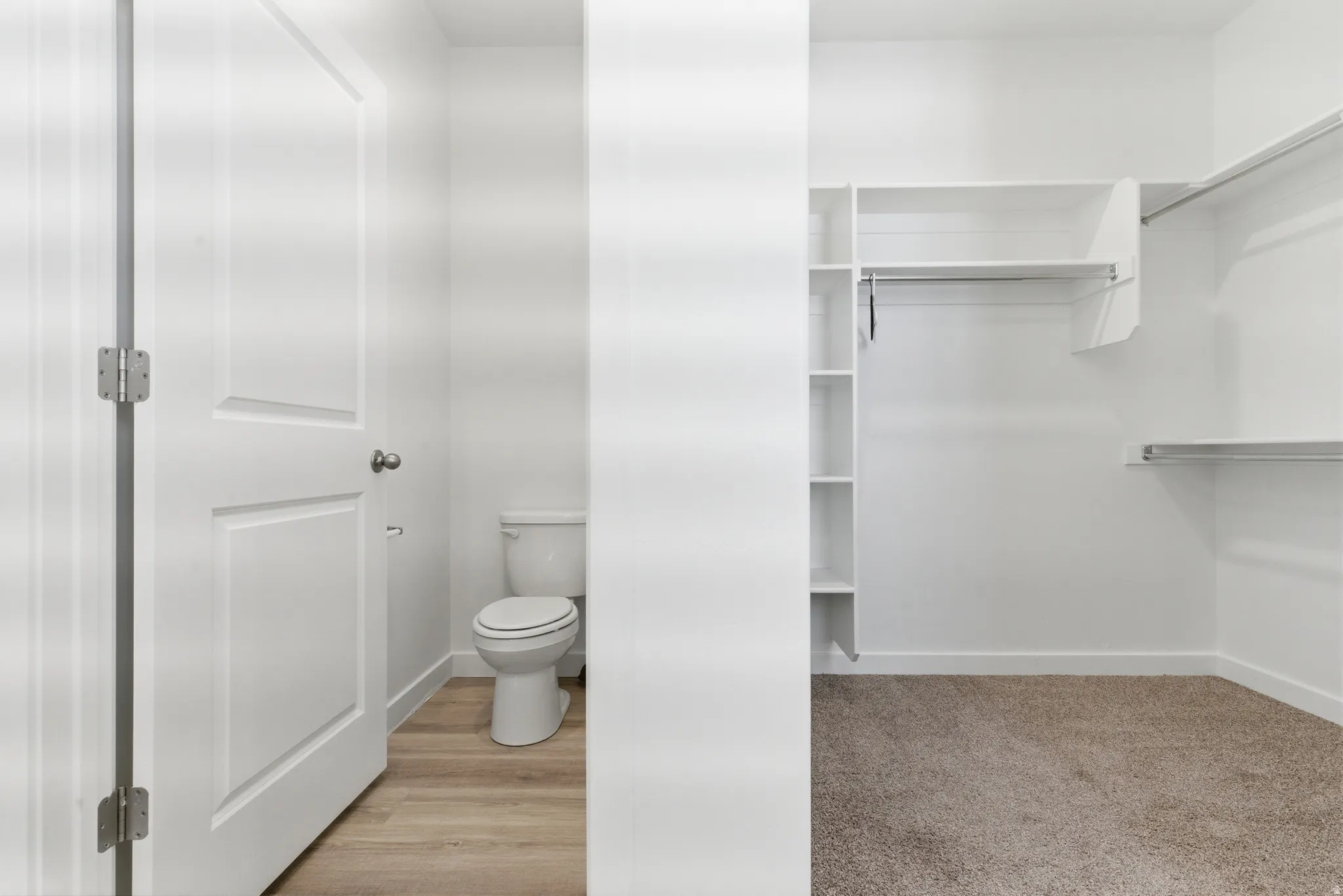 Walk-in closet featuring carpet flooring, built-in shelving, and hanging rods