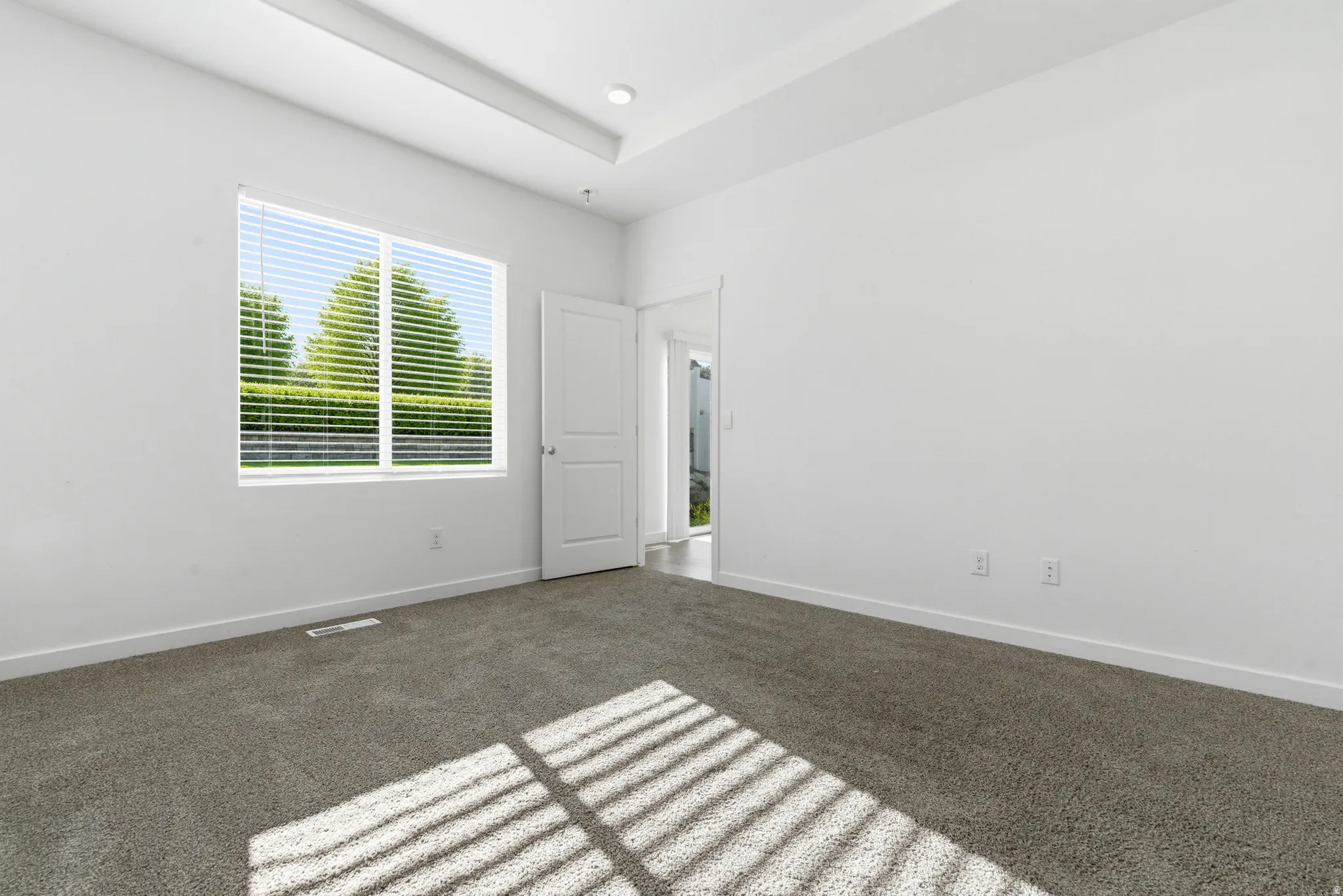 Carpeted room with a recessed tray ceiling and recessed lighting