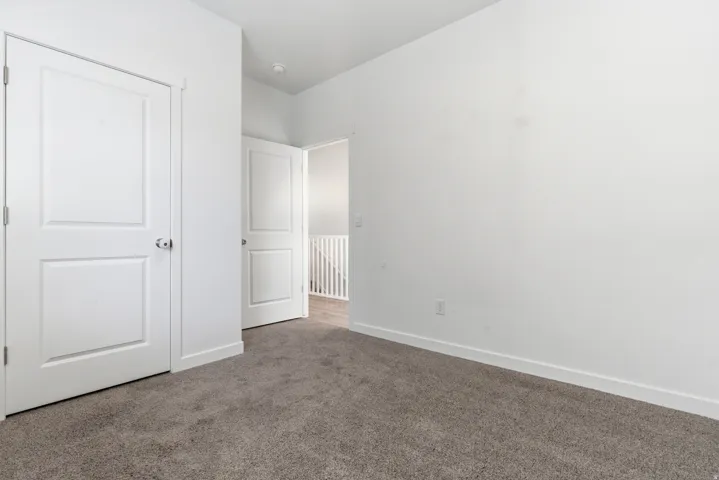 Neutral wall color with two-panel interior doors, plush carpeting, and white baseboards