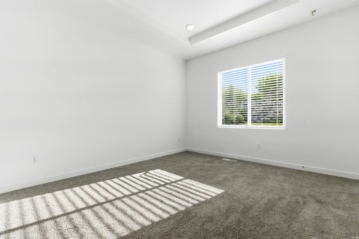 Room featuring light gray carpet flooring, white walls, and a recessed ceiling with integrated lighting