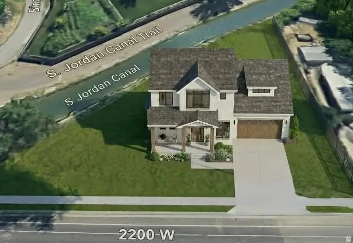 Modern farmhouse exterior with a prominent two-car garage, a covered front porch featuring wooden pillars, and a light-colored driveway