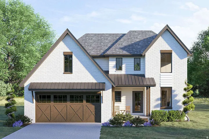 White brick and siding exterior with dark trim accents