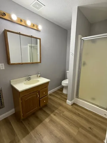 MASTER BEDROOM BATHROOM- Wood-finish flooring, single vanity with integrated sink, wood-framed medicine cabinet, and glass-enclosed shower