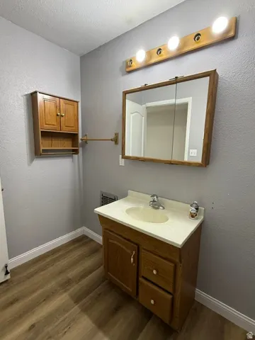 MASTER Bathroom featuring a wood-finish vanity with an integrated sink, wood-finish medicine cabinet, overhead vanity lighting, and wood-finish flooring