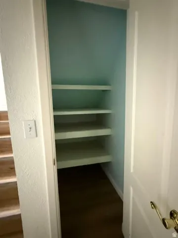 Built-in shelving with three shelves, wood-finish flooring, and a standard light switch