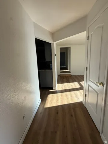 Wood-finish flooring throughout, white interior doors, and neutral wall tones