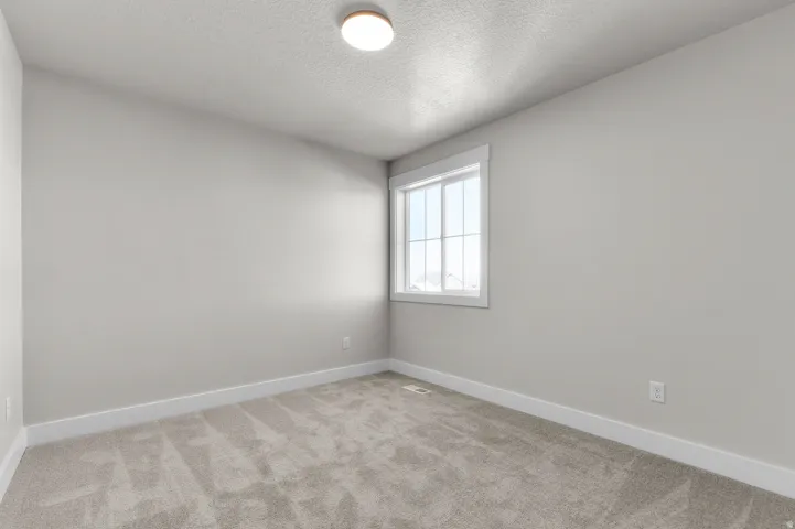 Light gray walls, white trim, and gray carpet