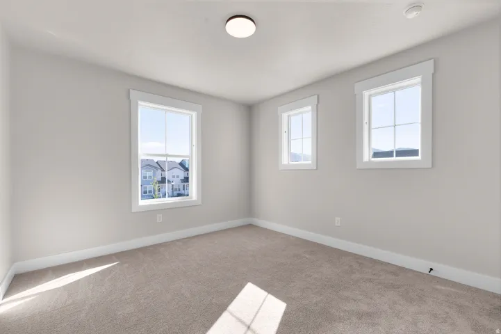 Carpeted flooring with light neutral wall paint, illuminated by a flush-mount ceiling light fixture and multiple windows
