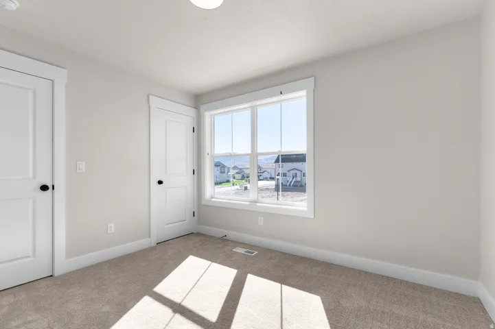 Neutral-toned wall paint, plush carpeting, a large window with white trim, and two paneled interior doors with black hardware