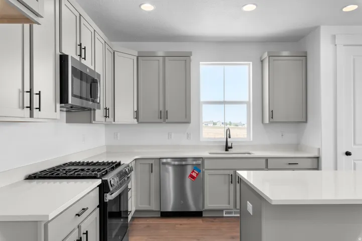 Gourmet kitchen featuring stainless steel appliances, light gray cabinetry, solid surface countertops, and recessed lighting