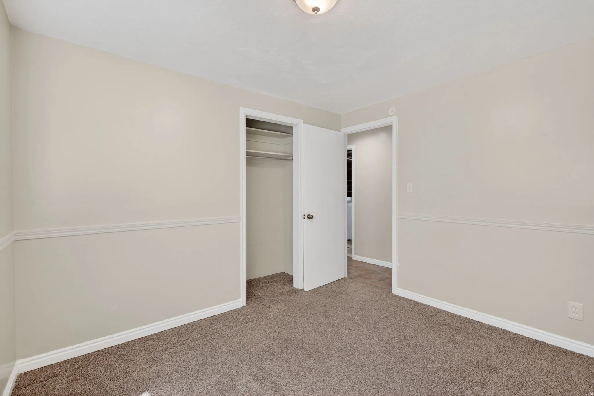Neutral-toned interior room featuring light beige walls with decorative trim, plush brown carpeting, white baseboards, and a flush-mount ceiling light fixture