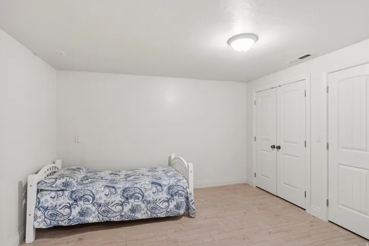 Room featuring wood-finish flooring, two sets of white paneled doors, and a flush-mount ceiling light
