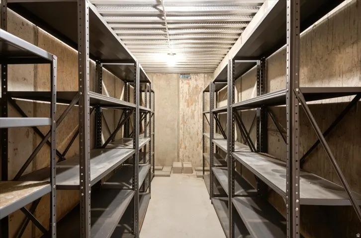 Dedicated storage room featuring concrete walls and flooring