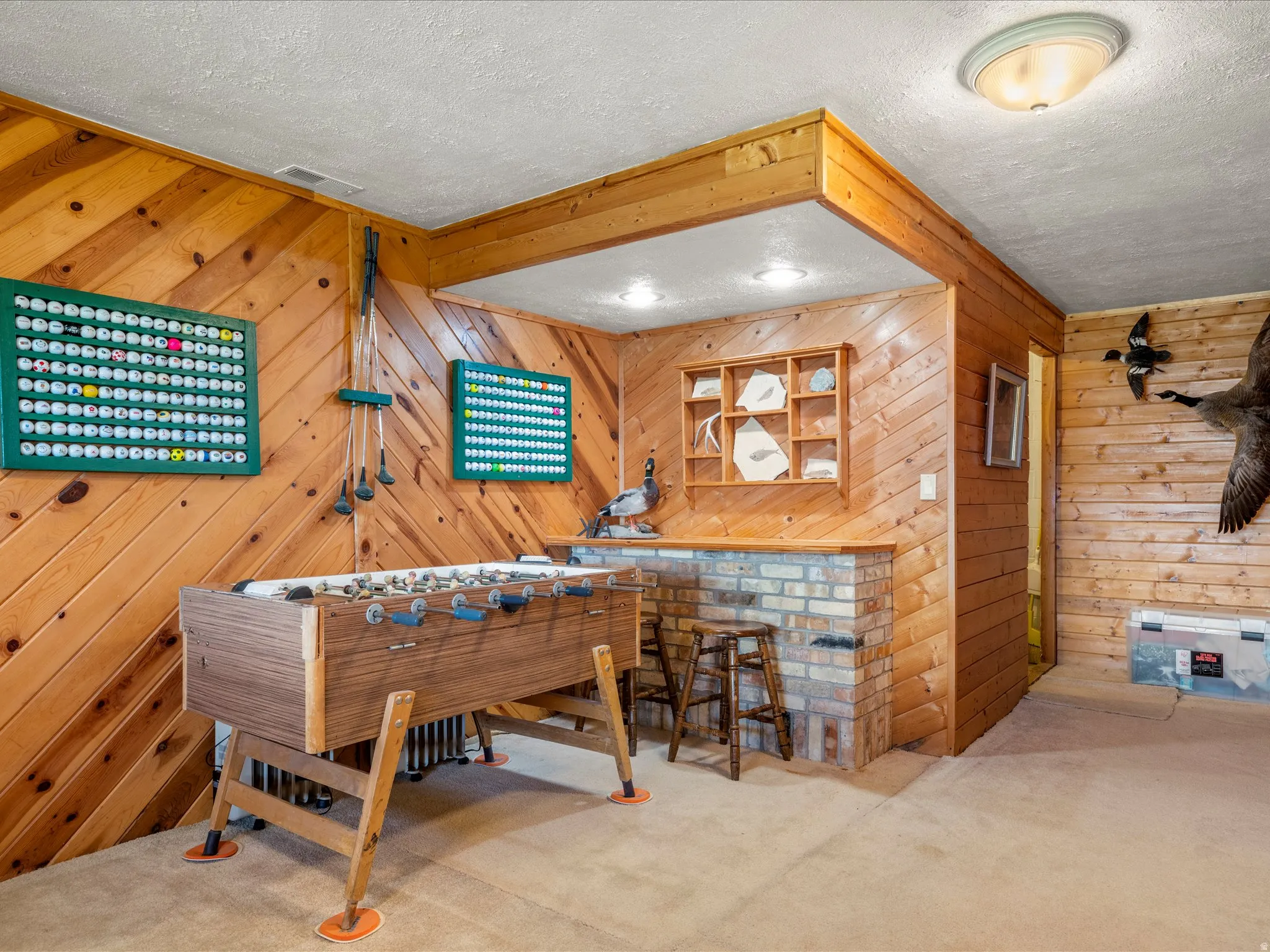 Recreation room featuring diagonal wood paneling and a built-in brick-faced bar with a wood countertop
