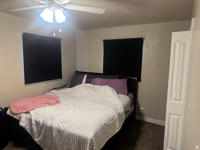 Bedroom featuring a ceiling fan with light fixture, two windows with dark roller shades, light-colored walls, and a white paneled door