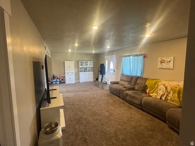 Spacious carpeted living area with recessed ceiling lights, neutral wall tones, and a front entry door with an oval glass insert