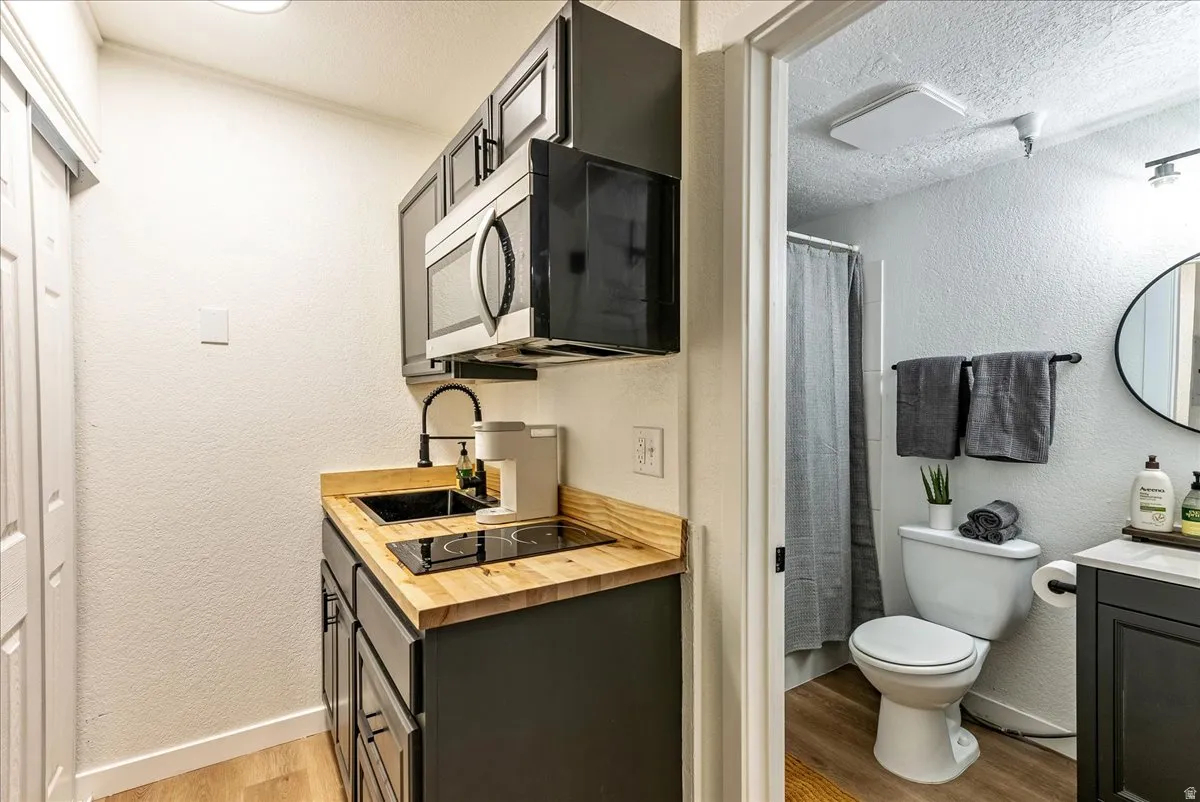 Compact kitchen area featuring a wood-finish countertop, dark cabinetry, and an integrated two-burner cooktop