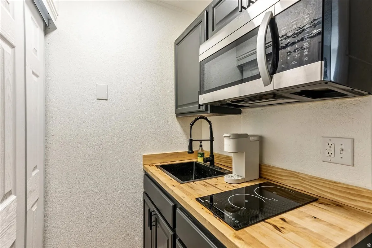 Compact kitchen area featuring a built-in stainless steel microwave, black cabinetry, a black sink with a gooseneck faucet, a wood-finish countertop, and a two-burner induction cooktop