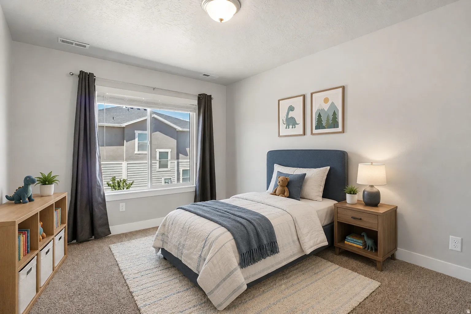 Bedroom featuring a large window with dark drapes, light neutral wall paint, ceiling-mounted light fixture, and textured carpeting