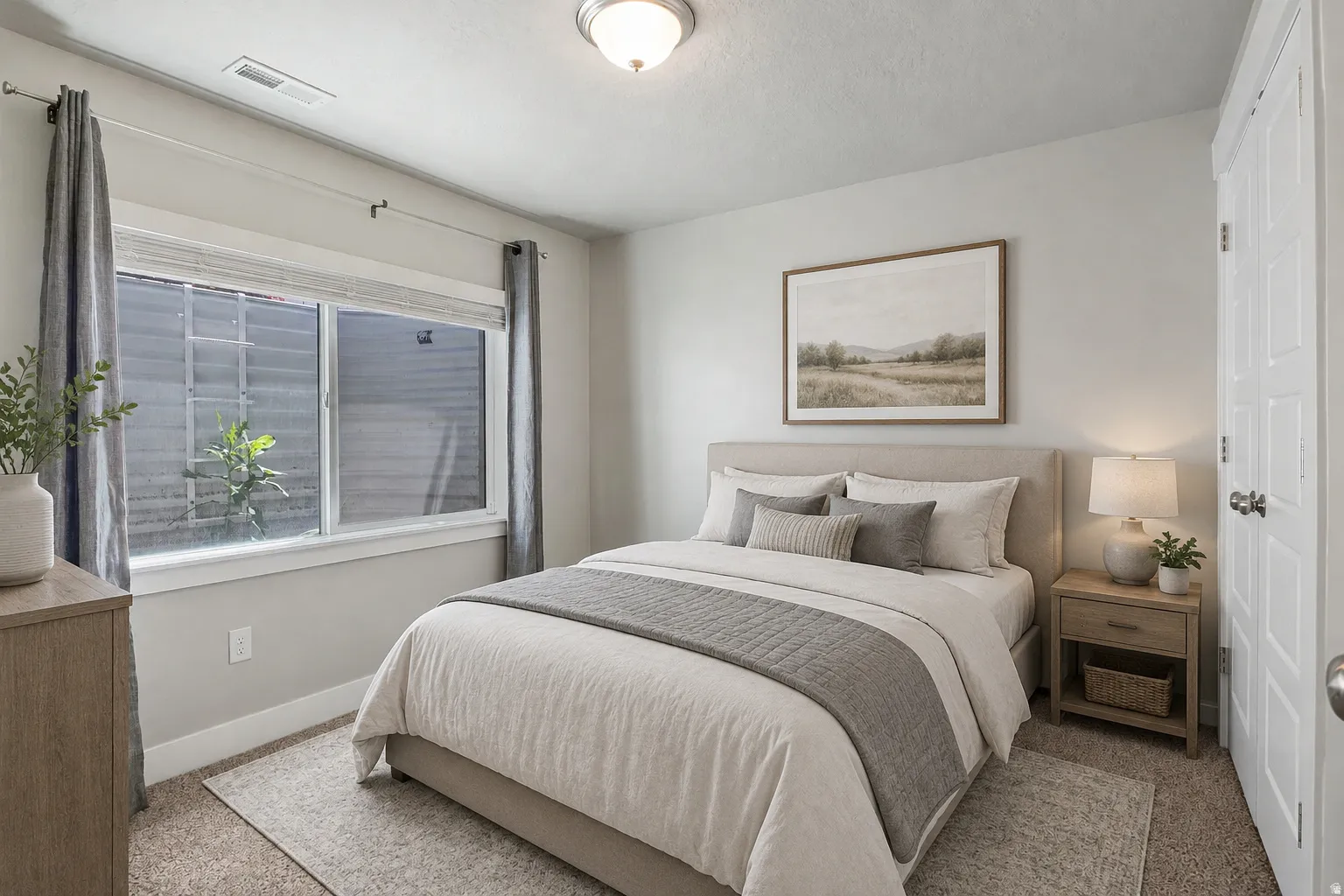 Carpeted bedroom with a window featuring a window well, white baseboards, and a paneled door