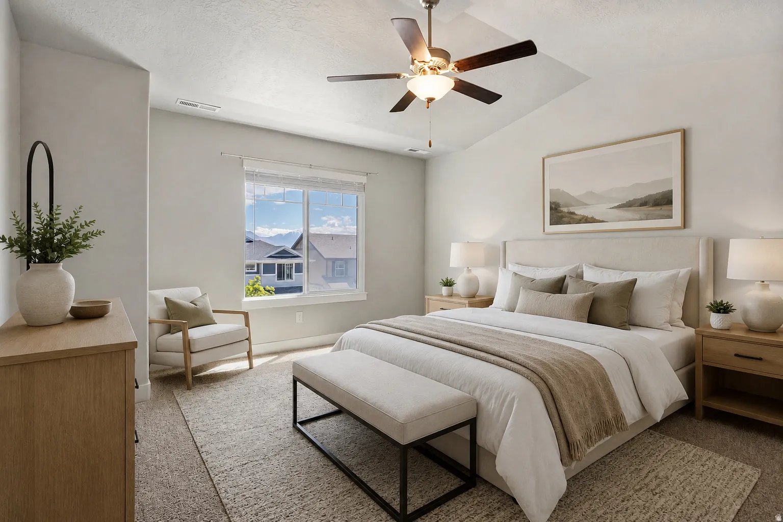 Vaulted ceiling bedroom featuring a ceiling fan with integrated lighting, a large window with white blinds, and light-toned carpeting